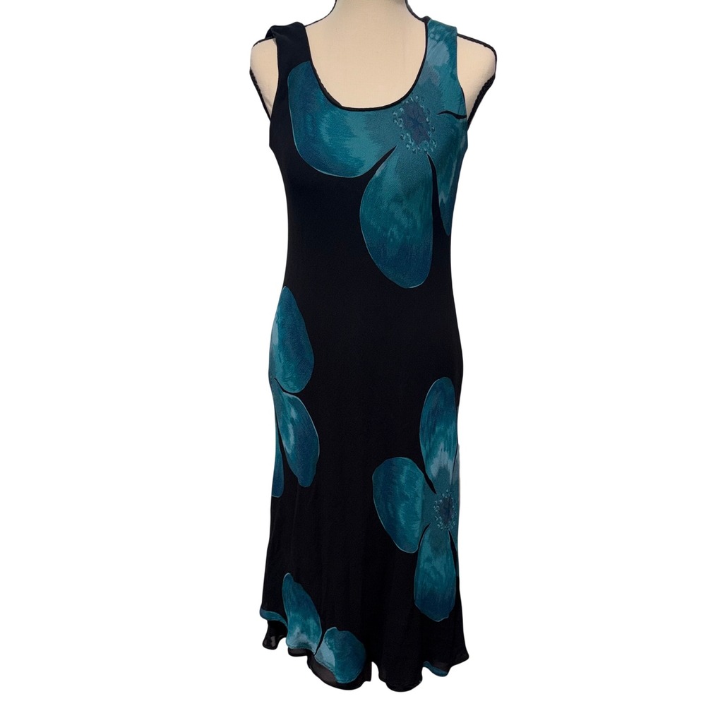 Vintage 90s Floral Sleeveless Midi Dress Petite Women 6 Black Teal Carole Little
